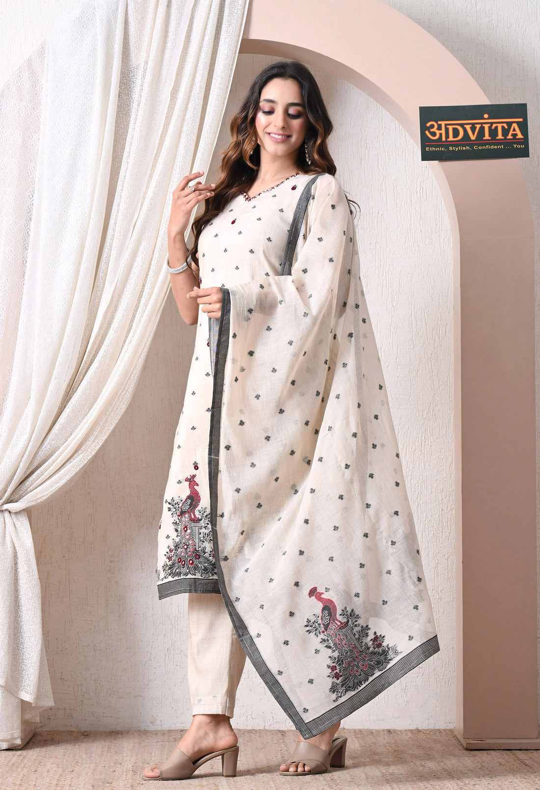 Advita Cream Jamdani Cotton 3-Piece Salwar Suit for women – view 3