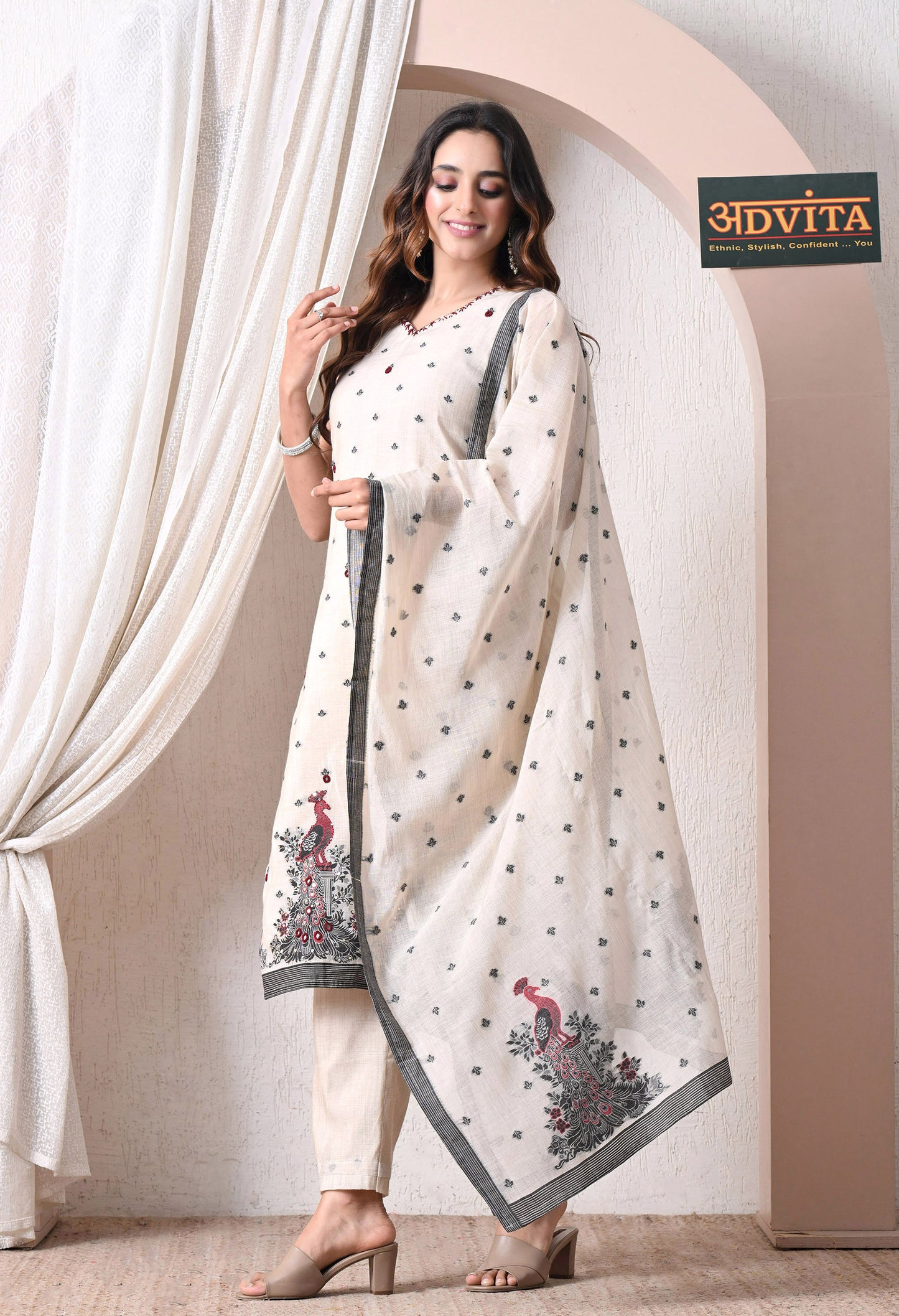 Advita Cream Jamdani Cotton 3-Piece Salwar Suit for Women