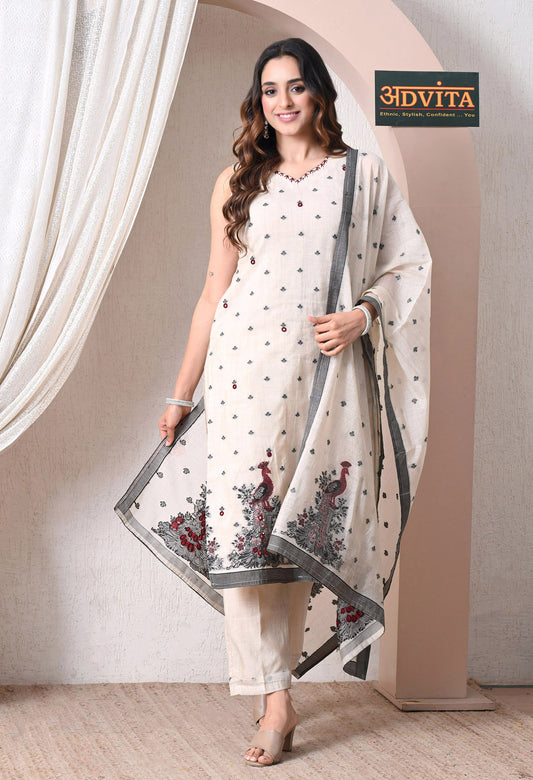 Advita Cream Jamdani Cotton 3-Piece Salwar Suit for Women