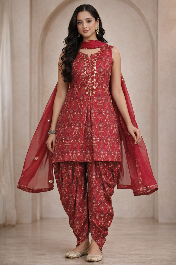 Advita Crimson Maroon Bandhani Print Dhoti Suit with Dupatta