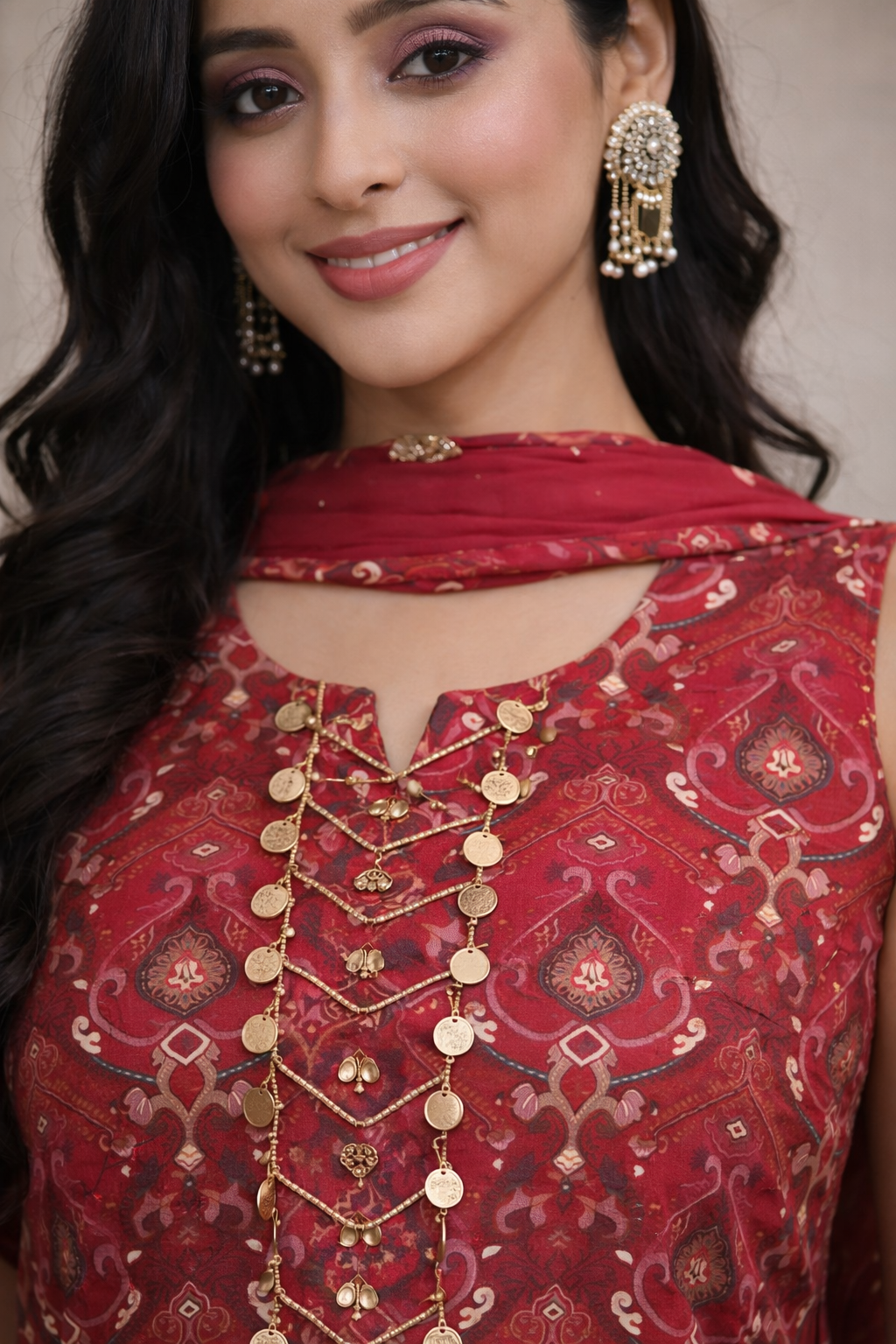 Closeup detail of crimson maroon bandhani print dhoti suit