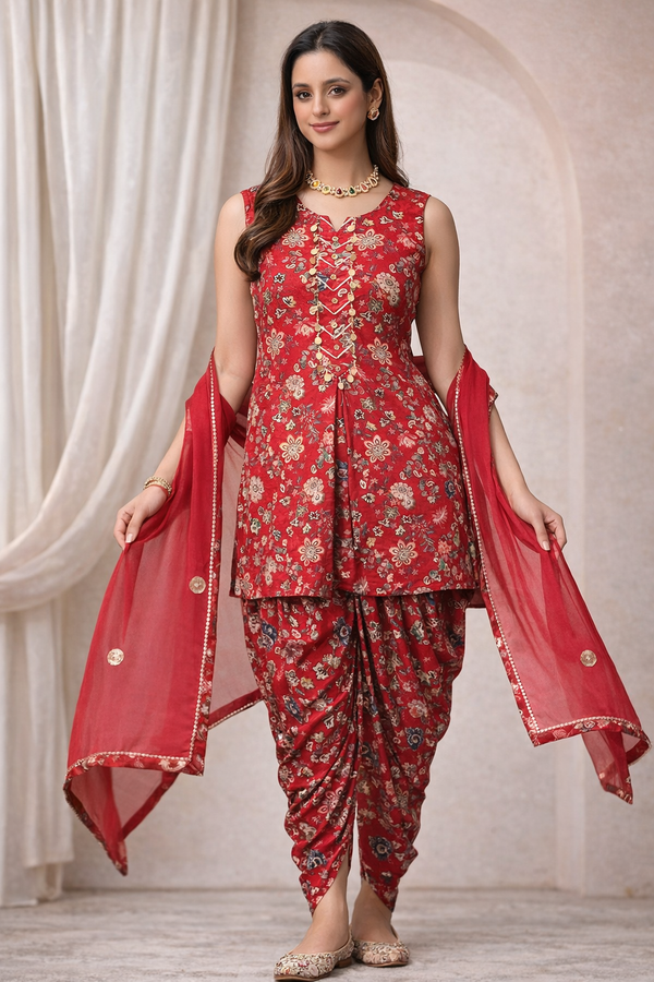 Advita Crimson Red Printed Dhoti Suit with Dupatta