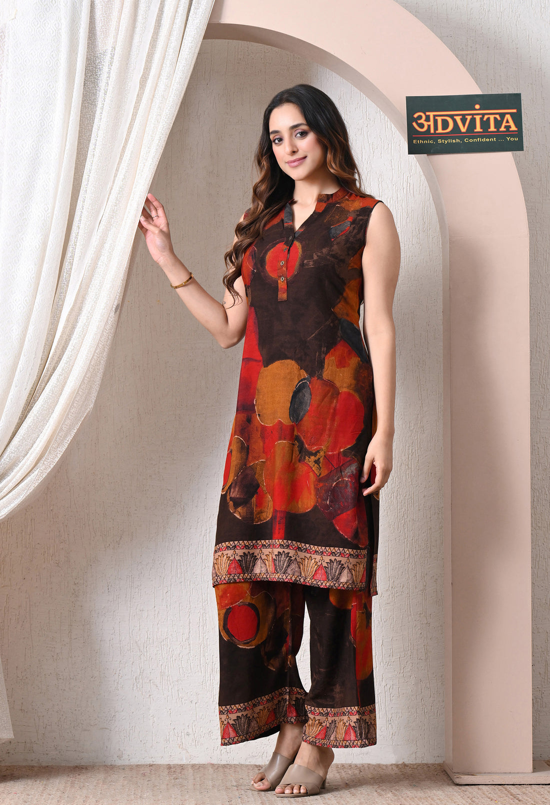 Advita Dark Brown Abstract Print Rayon Cotton Kurta Set for Women