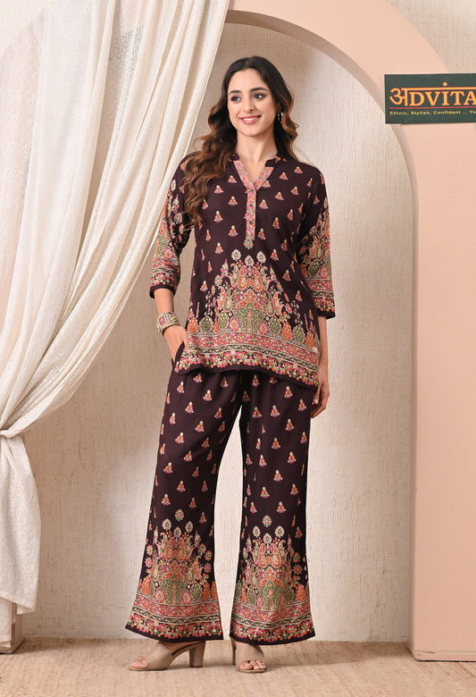 Advita Dark Maroon Paisley Print Rayon Cotton Co-ord Set for Women