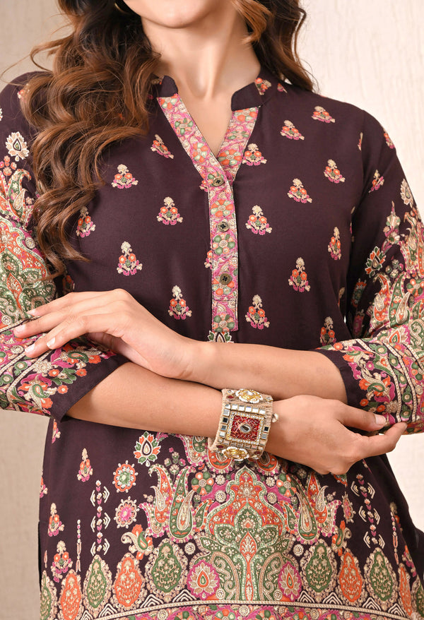 Advita Dark Maroon Paisley Print Rayon Cotton Co-ord Set for Women