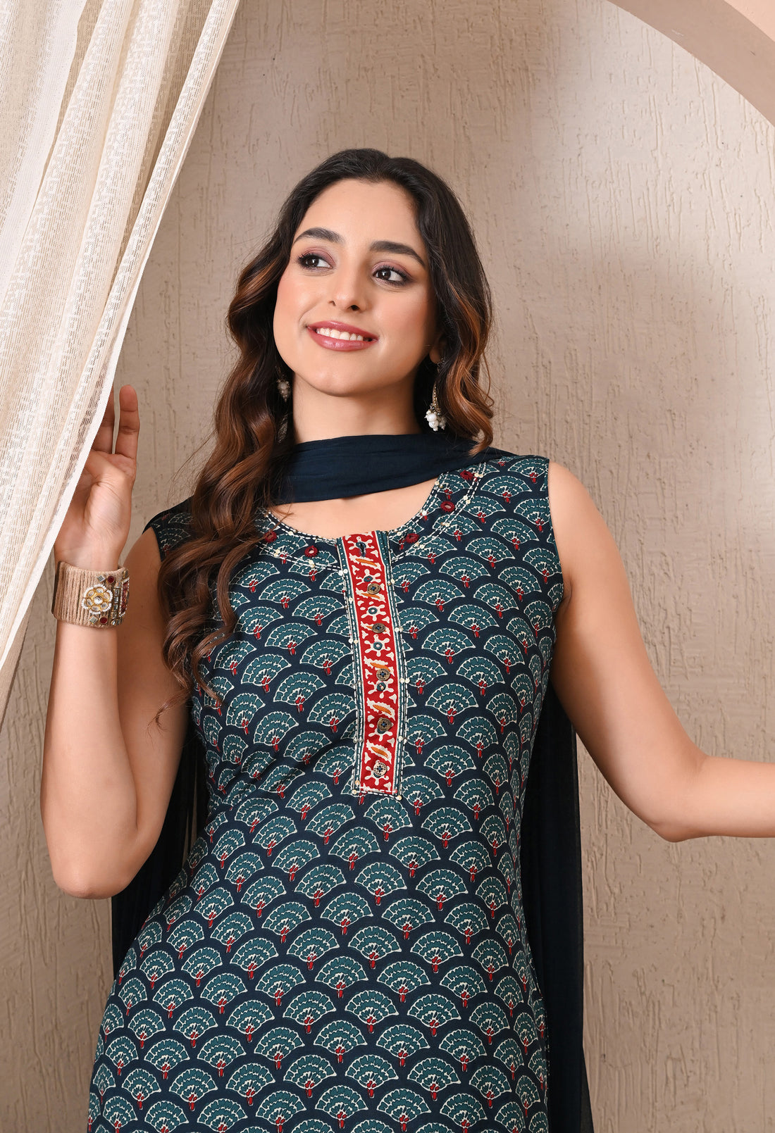 Advita Dark Teal Fan Print Rayon Cotton 3-Piece Palazzo Suit for women – view 2