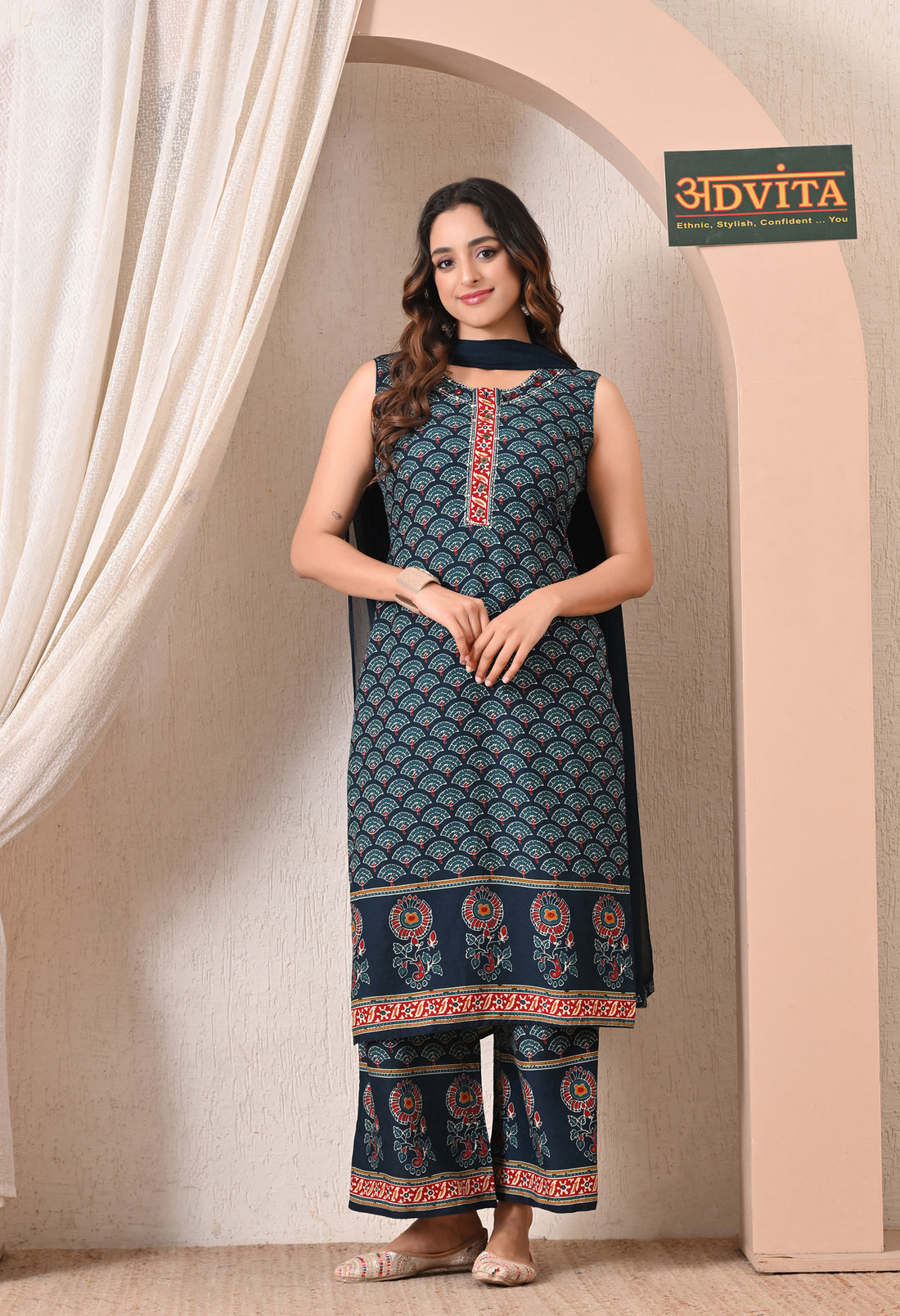 Woman wearing Advita Dark Teal Fan Print Rayon Cotton 3-Piece Palazzo Suit