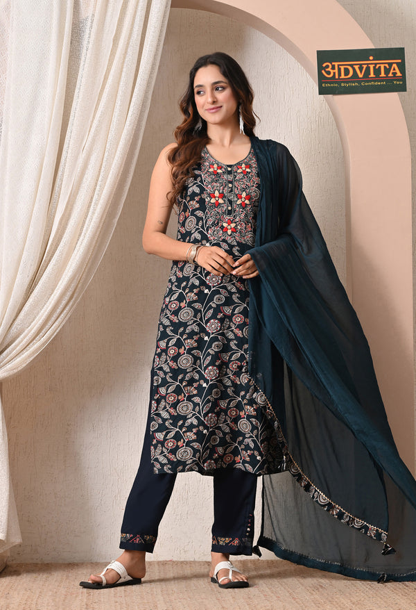Advita Dark Teal Floral Print Rayon Cotton Suit for Women