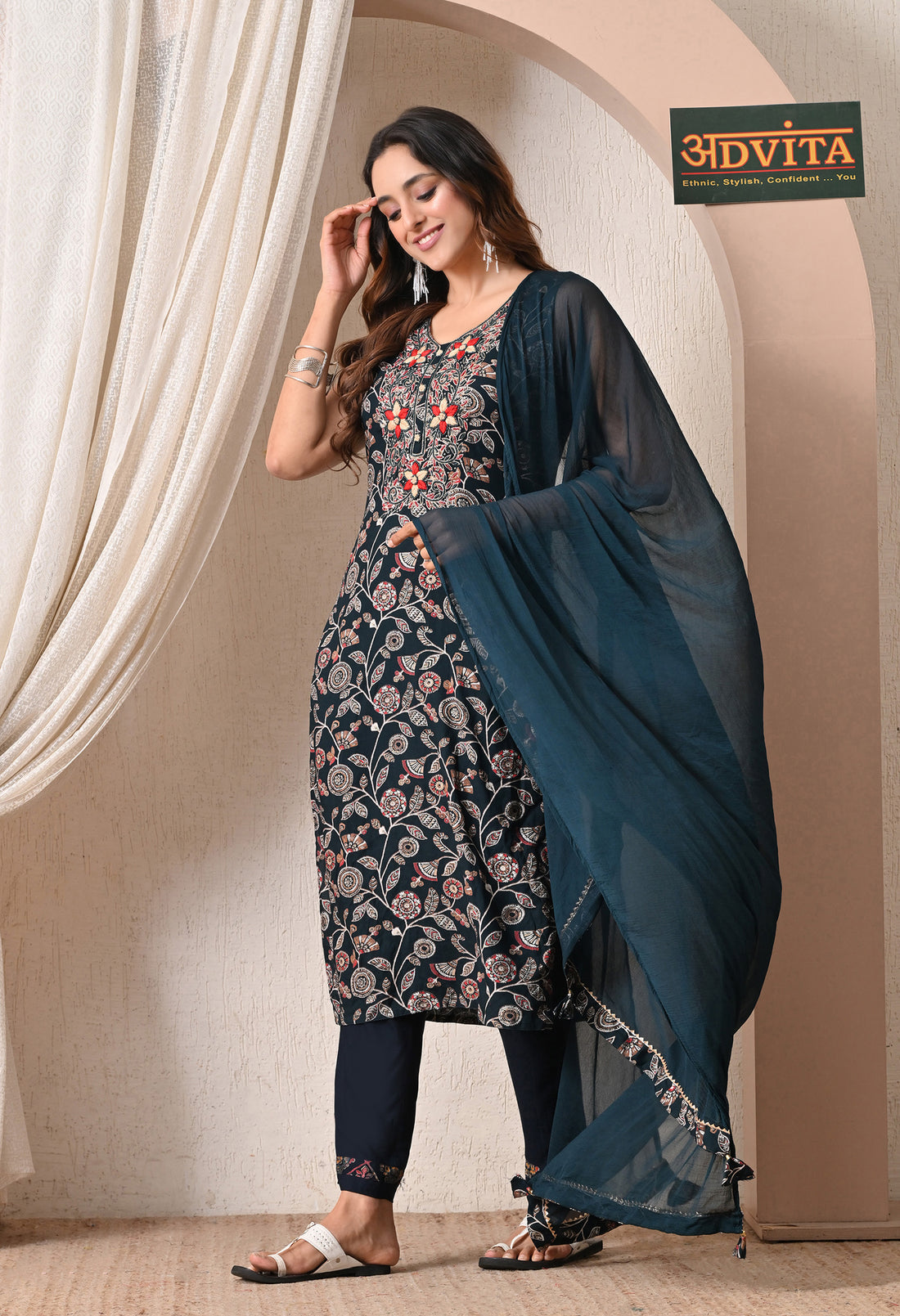 Advita Dark Teal Floral Print Rayon Cotton Suit for Women