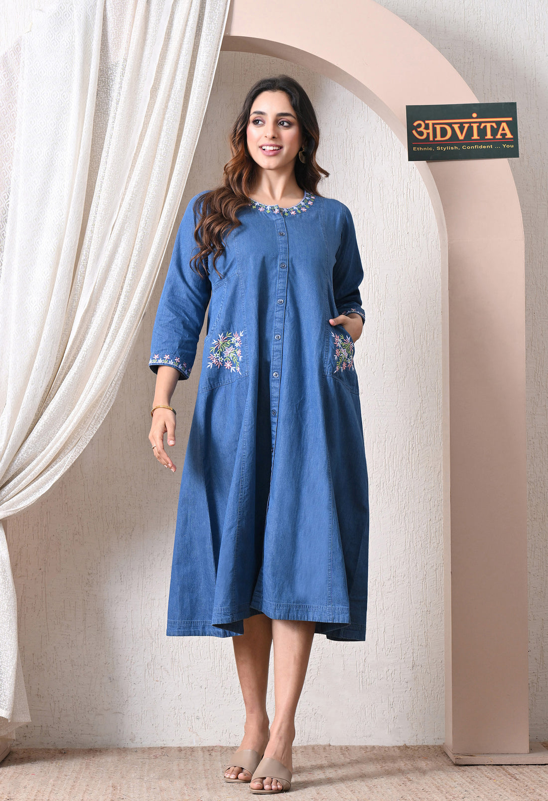 Advita Denim Middy Dress for Women