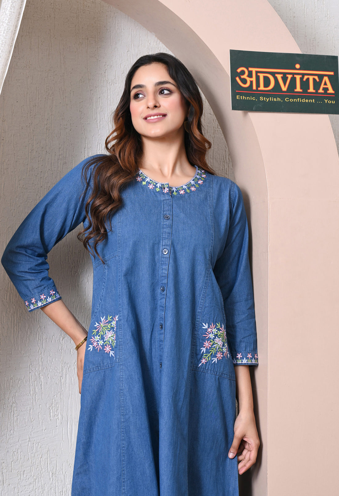 Advita Denim Middy Dress for Women