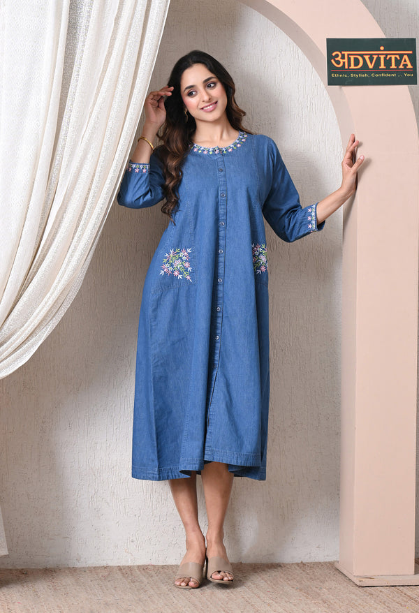Advita Denim Middy Dress for Women