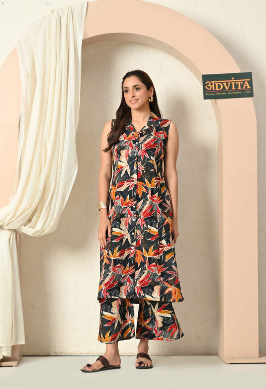 Woman wearing floral print A-line kurta set with matching bottoms