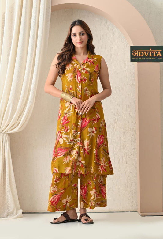 Woman wearing floral rayon cotton A-line kurta set
