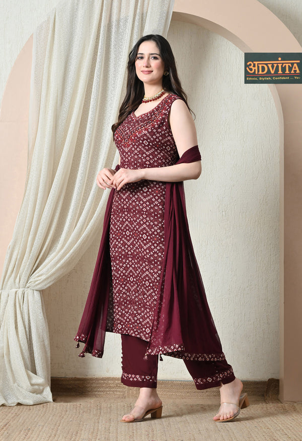Advita Bandhani Diamond Print Rayon Cotton Suit for Women in Maroon