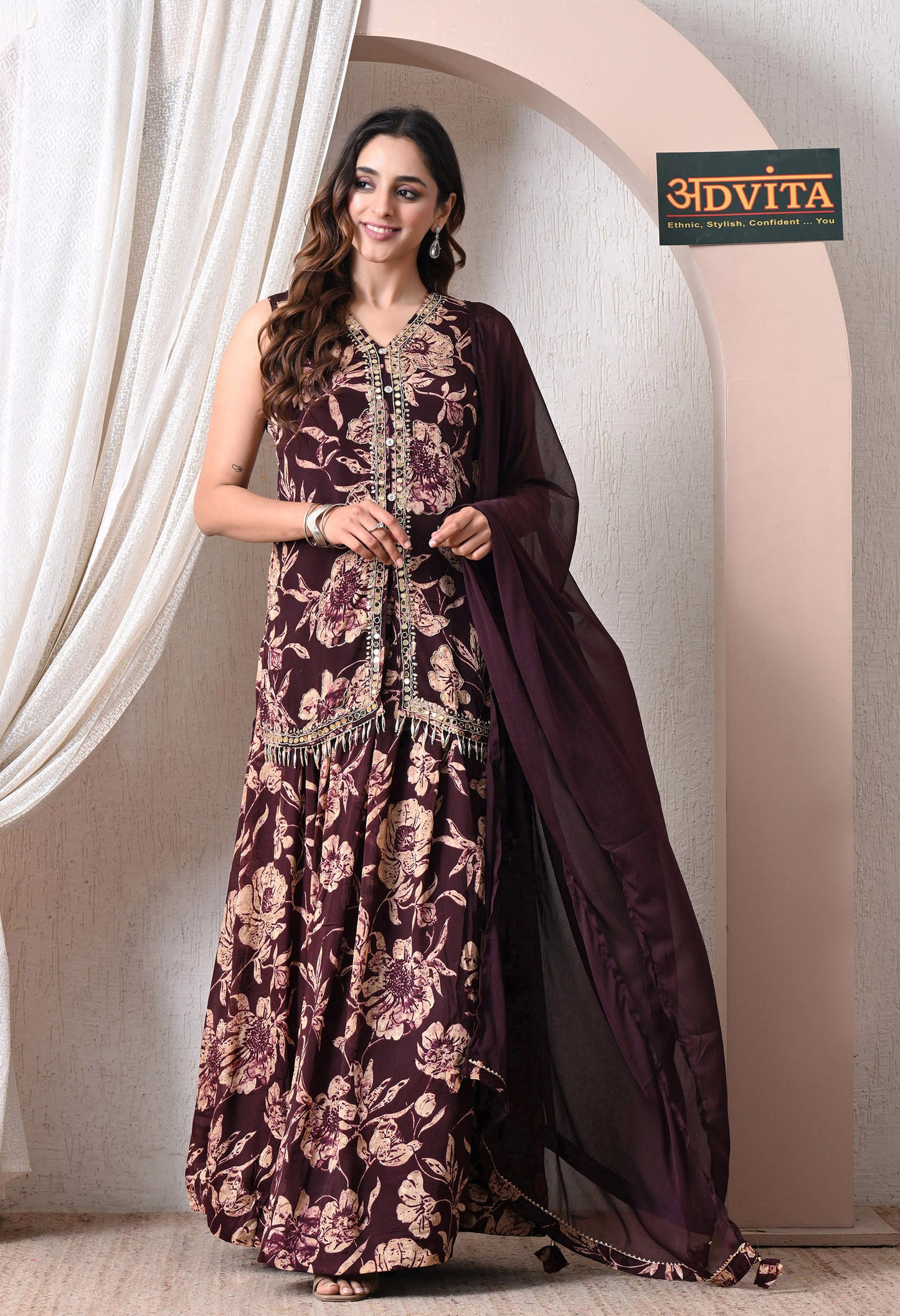 Advita Maroon Chinon Floral Print Kurti Skirt Set with Dupatta for Women