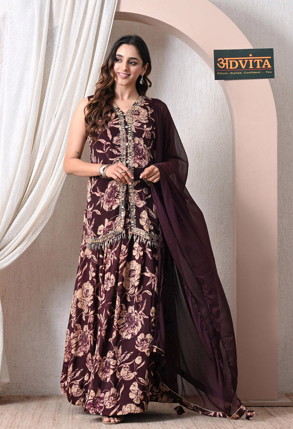 Advita Maroon Chinon Floral Print Kurti Skirt Set with Dupatta for Women