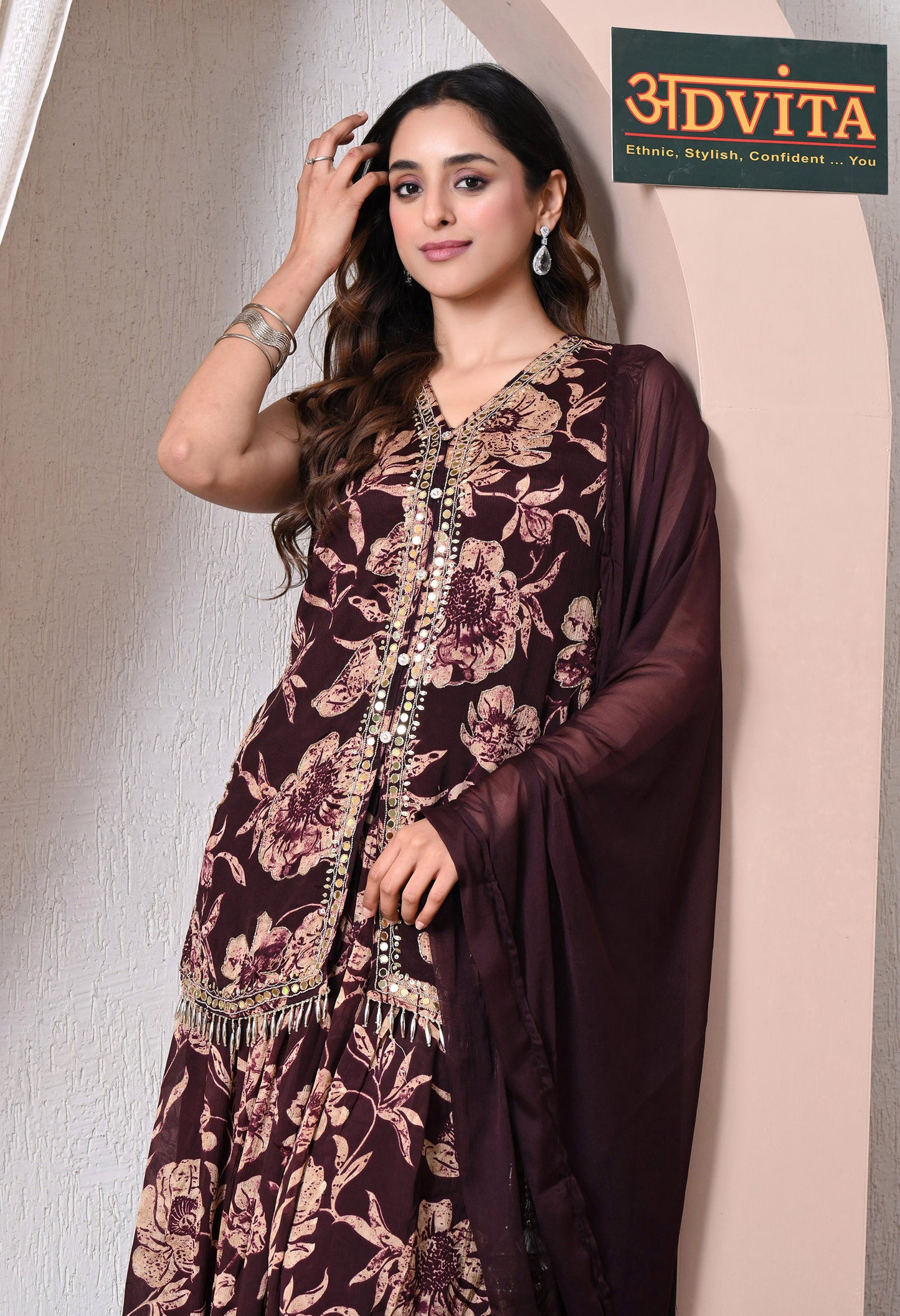 Advita Maroon Chinon Floral Print Kurti Skirt Set with Dupatta for Women
