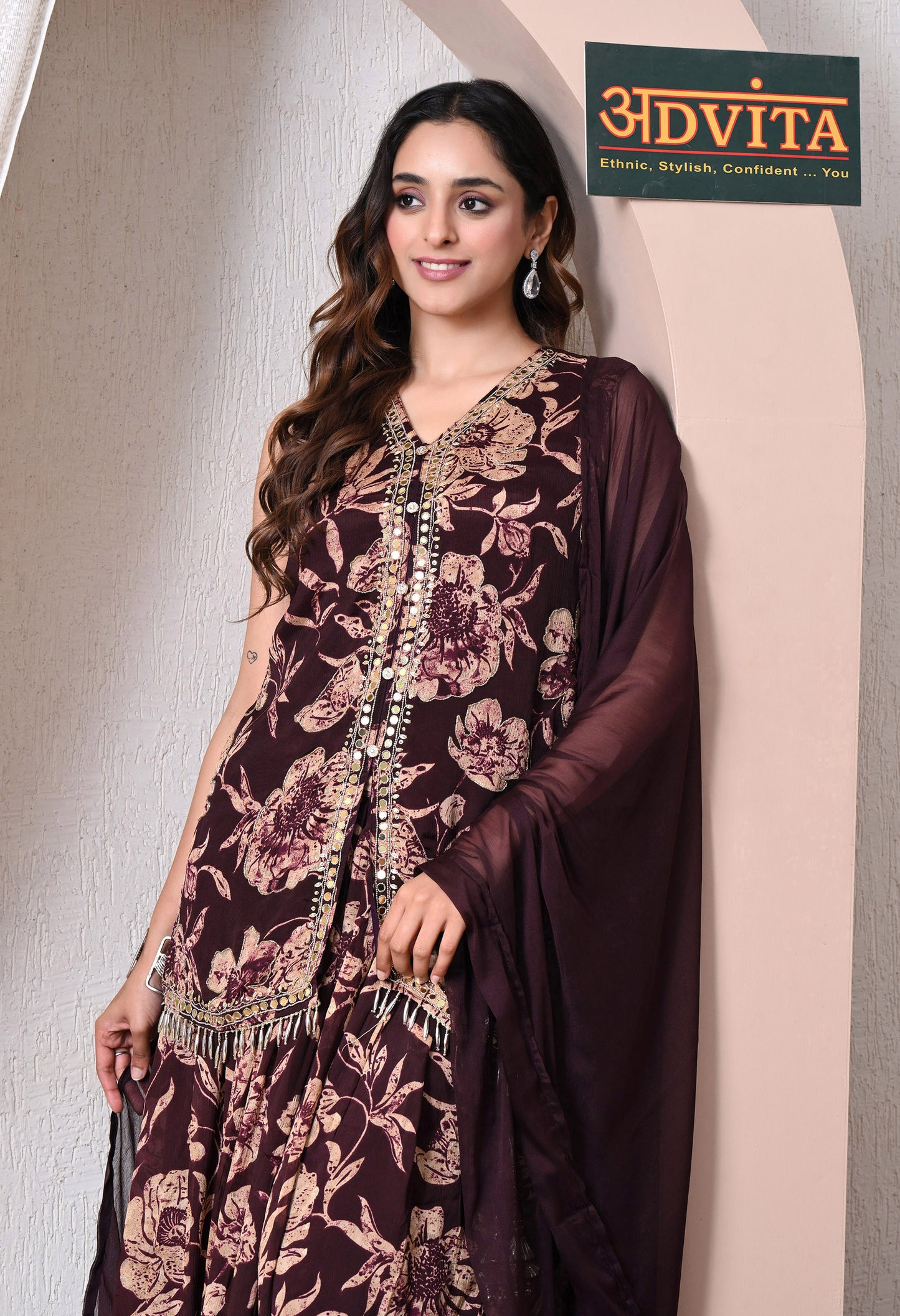 Advita Maroon Chinon Floral Print Kurti Skirt Set with Dupatta for Women