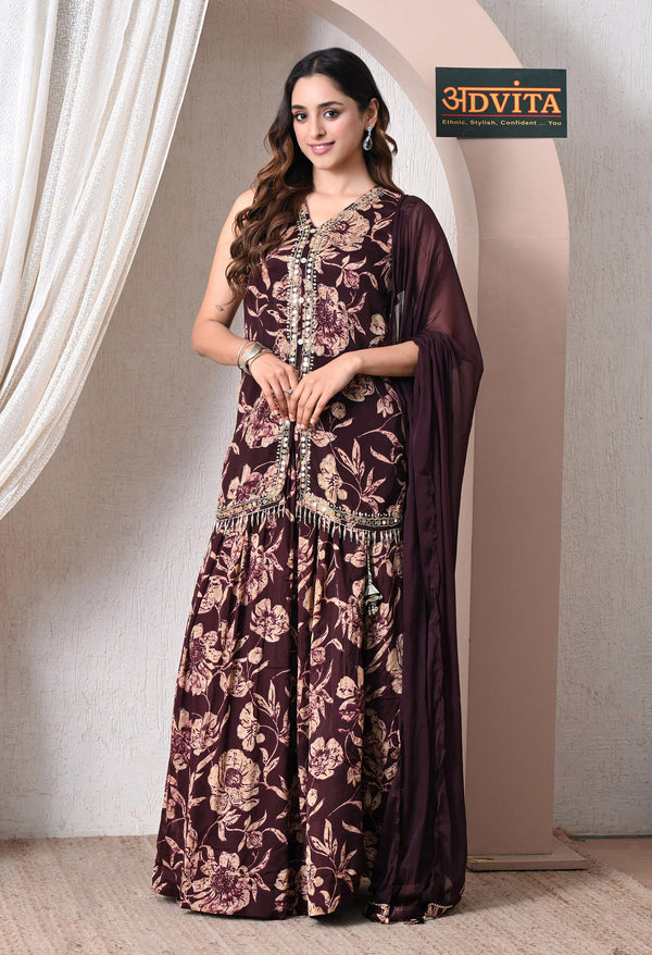 Advita Maroon Chinon Floral Print Kurti Skirt Set with Dupatta for Women