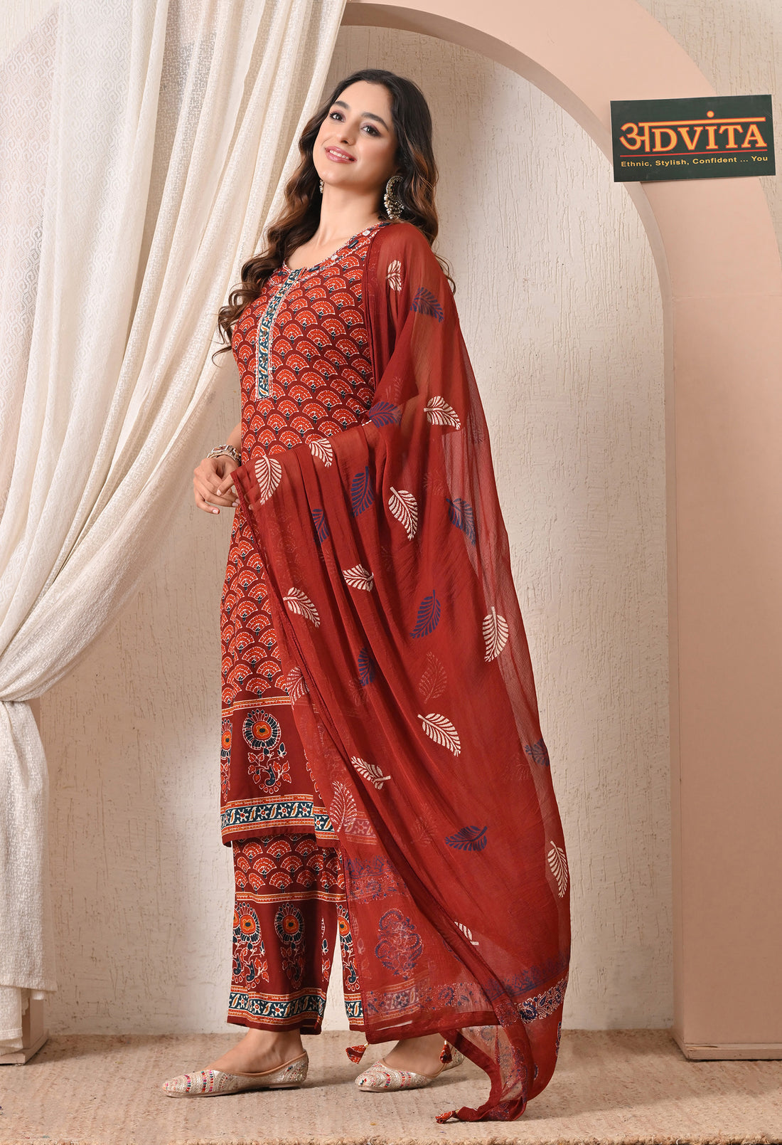 Advita Maroon Fan Print Rayon Cotton 3-Piece Palazzo Suit for women – view 4