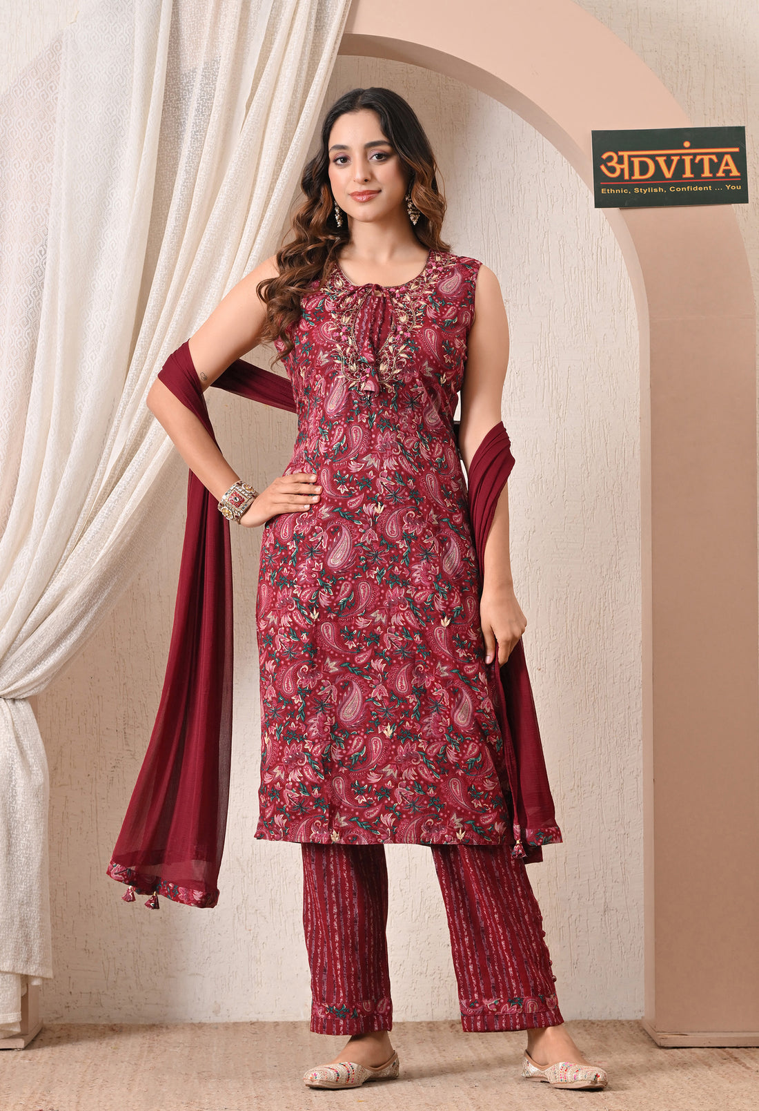 Advita Maroon Kalamkari Print Rayon Cotton Suit for Women
