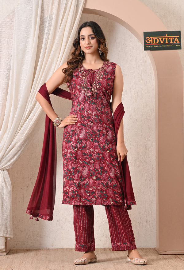 Advita Maroon Kalamkari Print Rayon Cotton Suit for Women