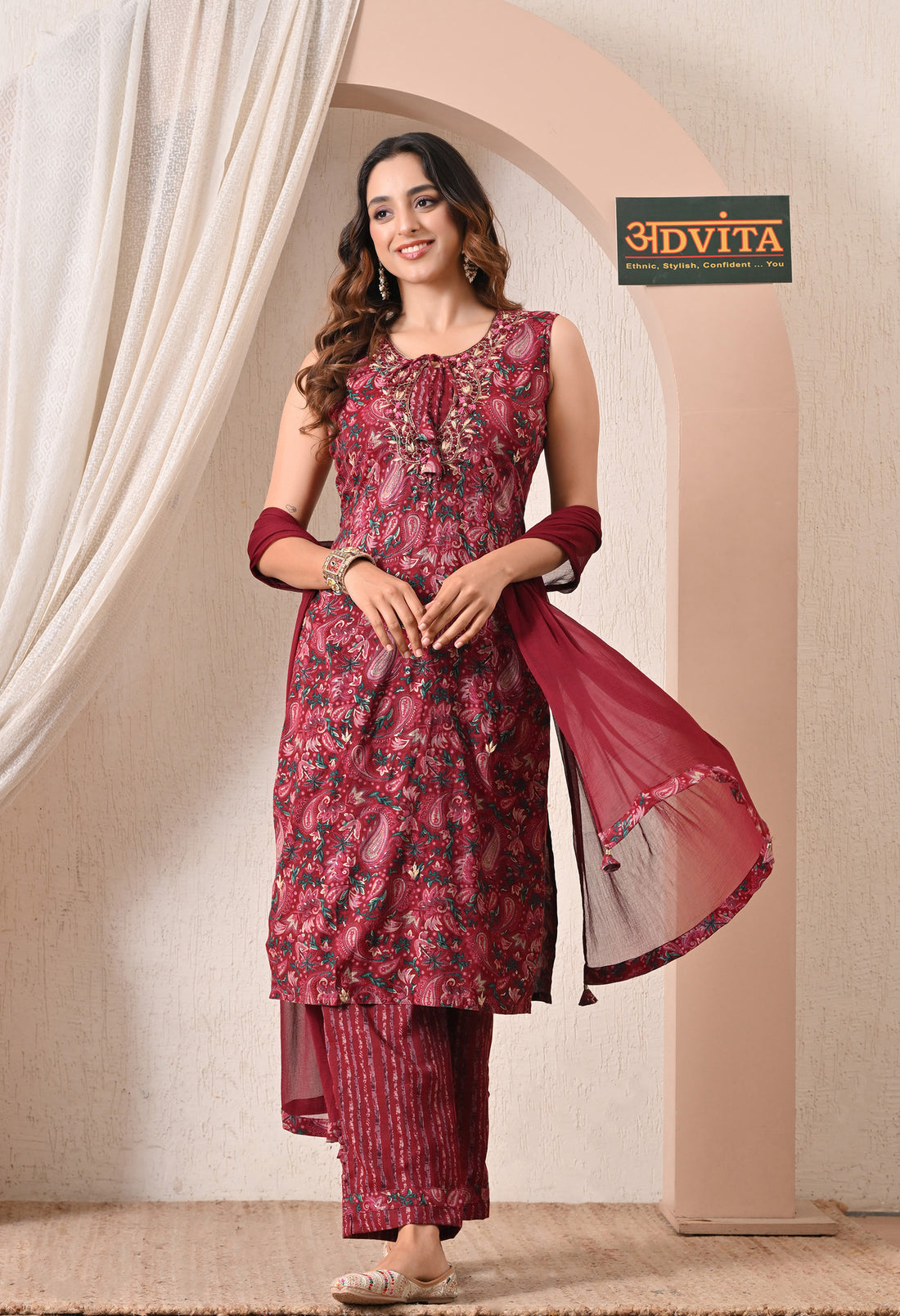 Advita Maroon Kalamkari Print Rayon Cotton Suit for Women