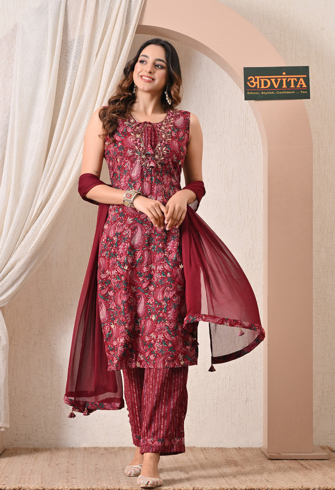 Advita Maroon Kalamkari Print Rayon Cotton Suit for Women