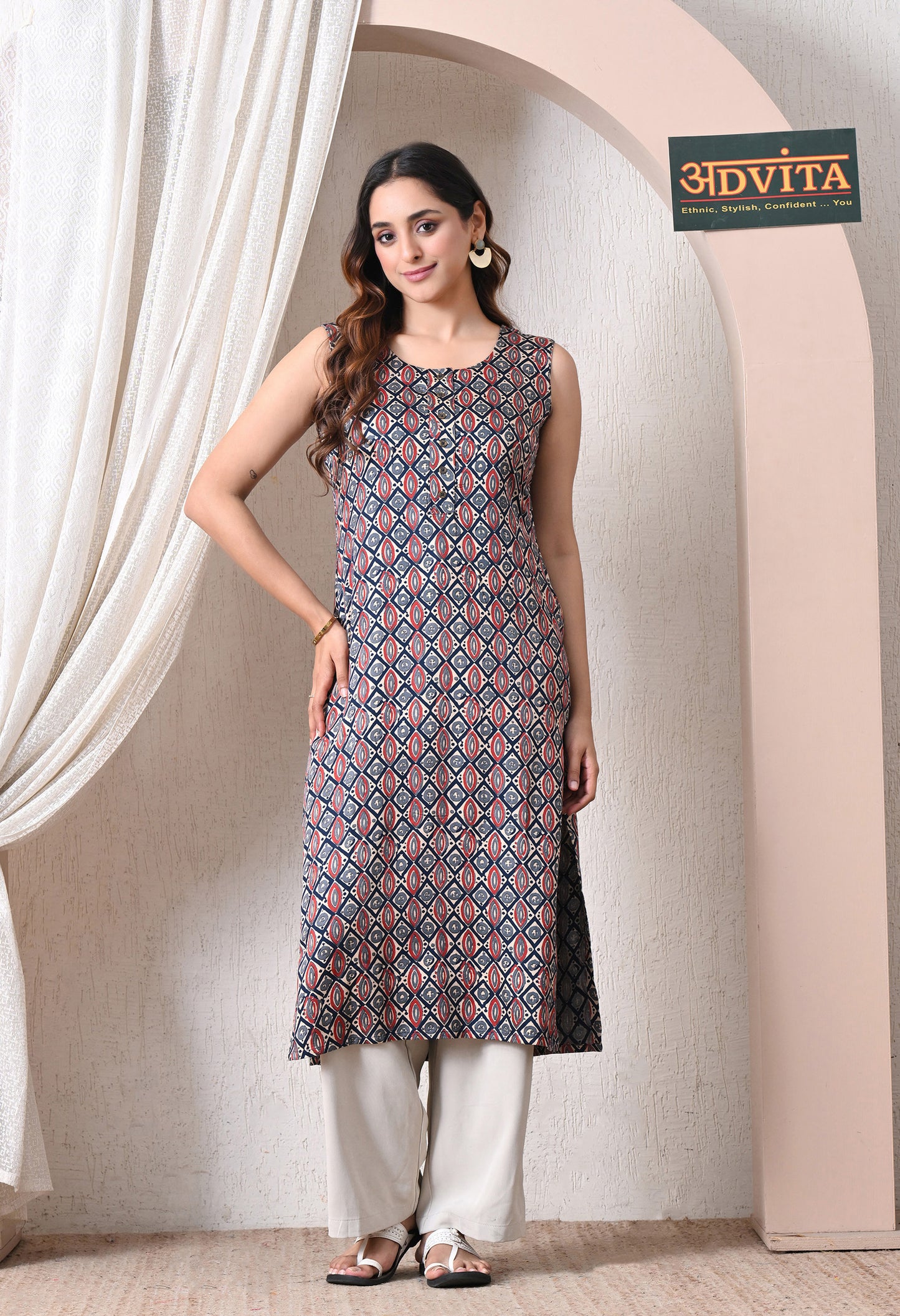 Advita Multicolor Geometric Ikat Print Straight Kurti for Women