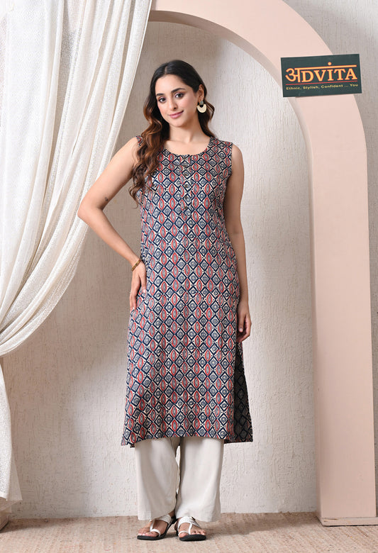 Advita Multicolor Geometric Ikat Print Straight Kurti for Women