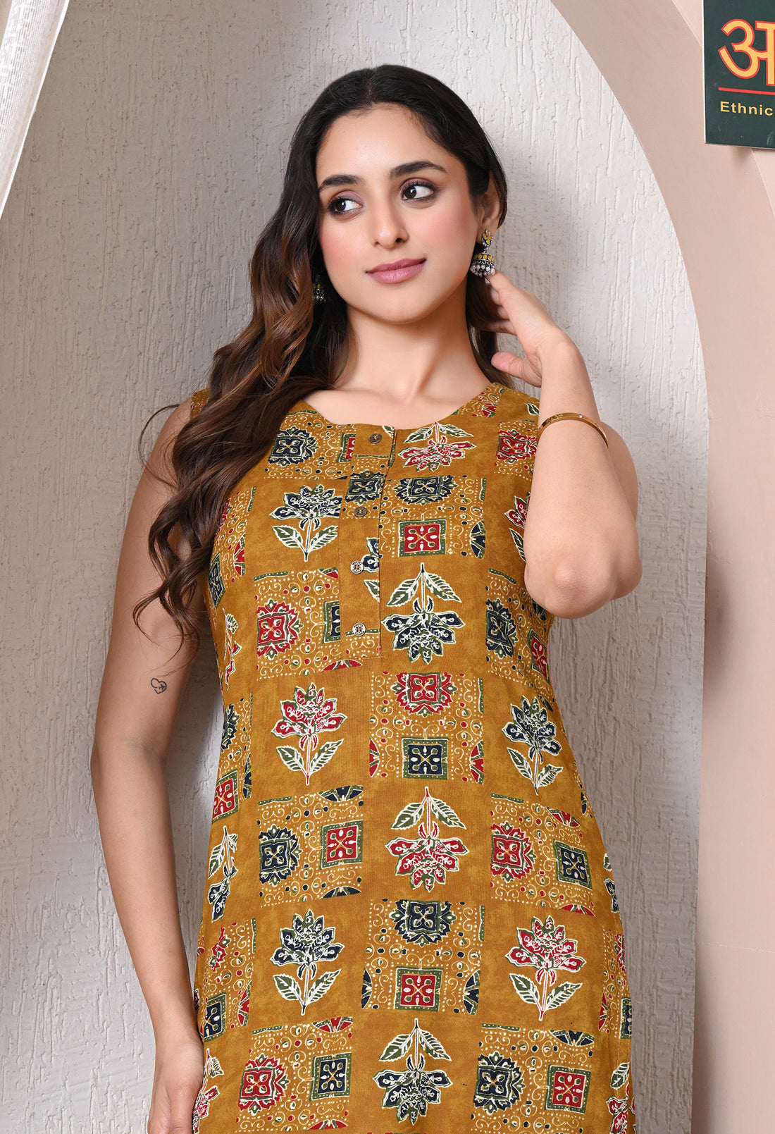 Advita Mustard Ajrakh Print Cotton Kurti for women – view 2