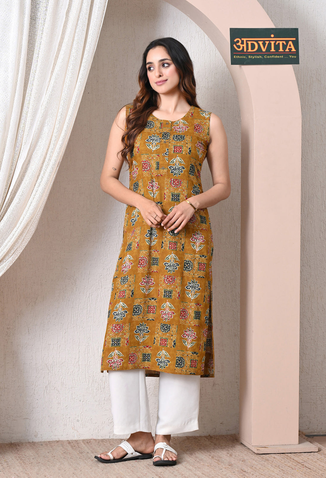 Advita Mustard Ajrakh Print Cotton Kurti for women – view 3