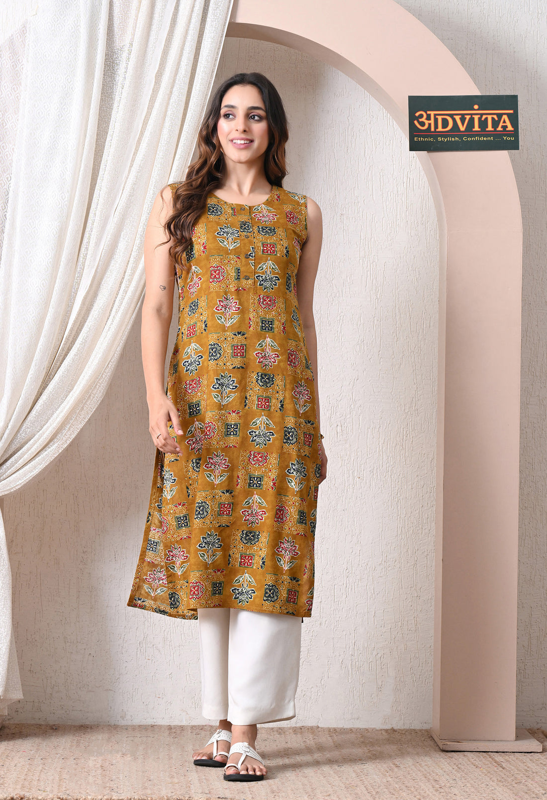 Advita Mustard Ajrakh Print Cotton Kurti for women – view 4