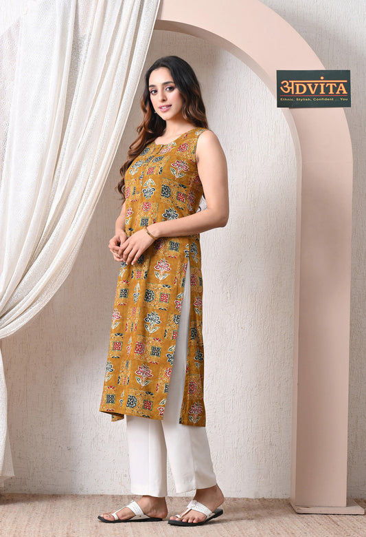 Woman wearing Advita Mustard Ajrakh Print Cotton Kurti