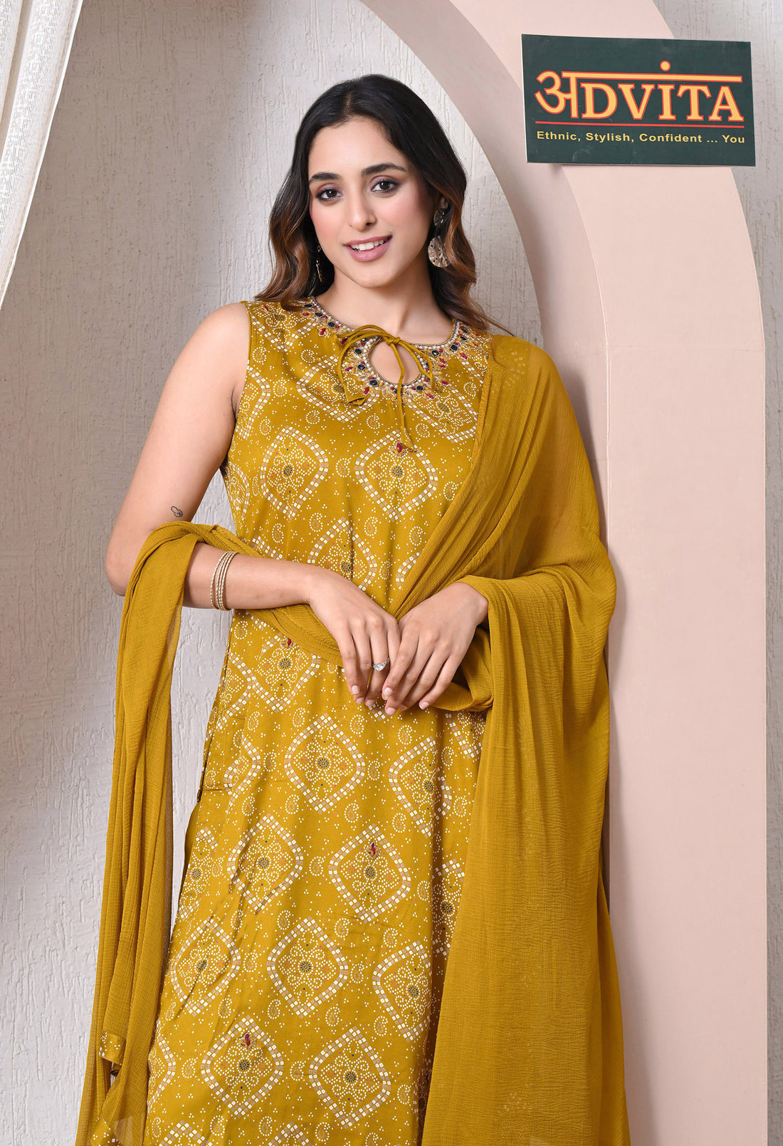 Advita Mustard Bandhani Print Gaji Silk 3-Piece Suit for women – view 4