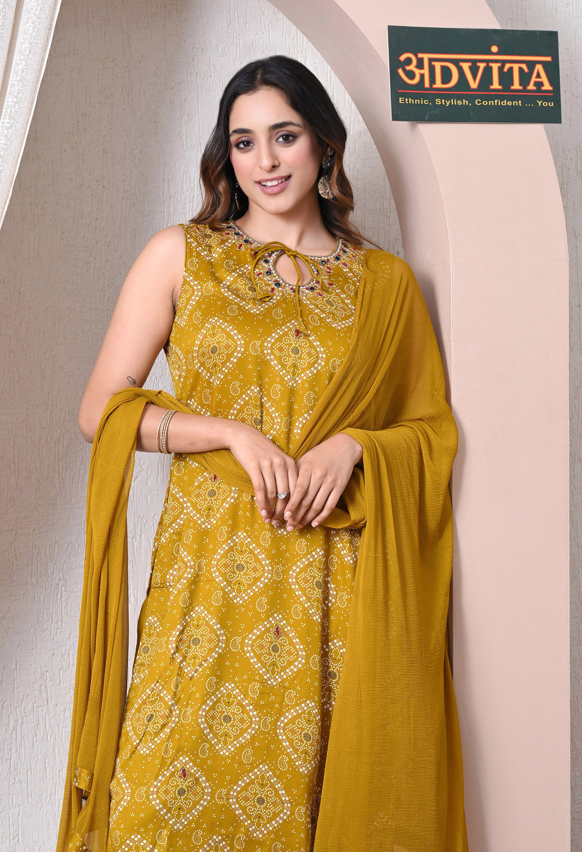 Advita Mustard Bandhani Print Gaji Silk 3-Piece Suit for women – view 4