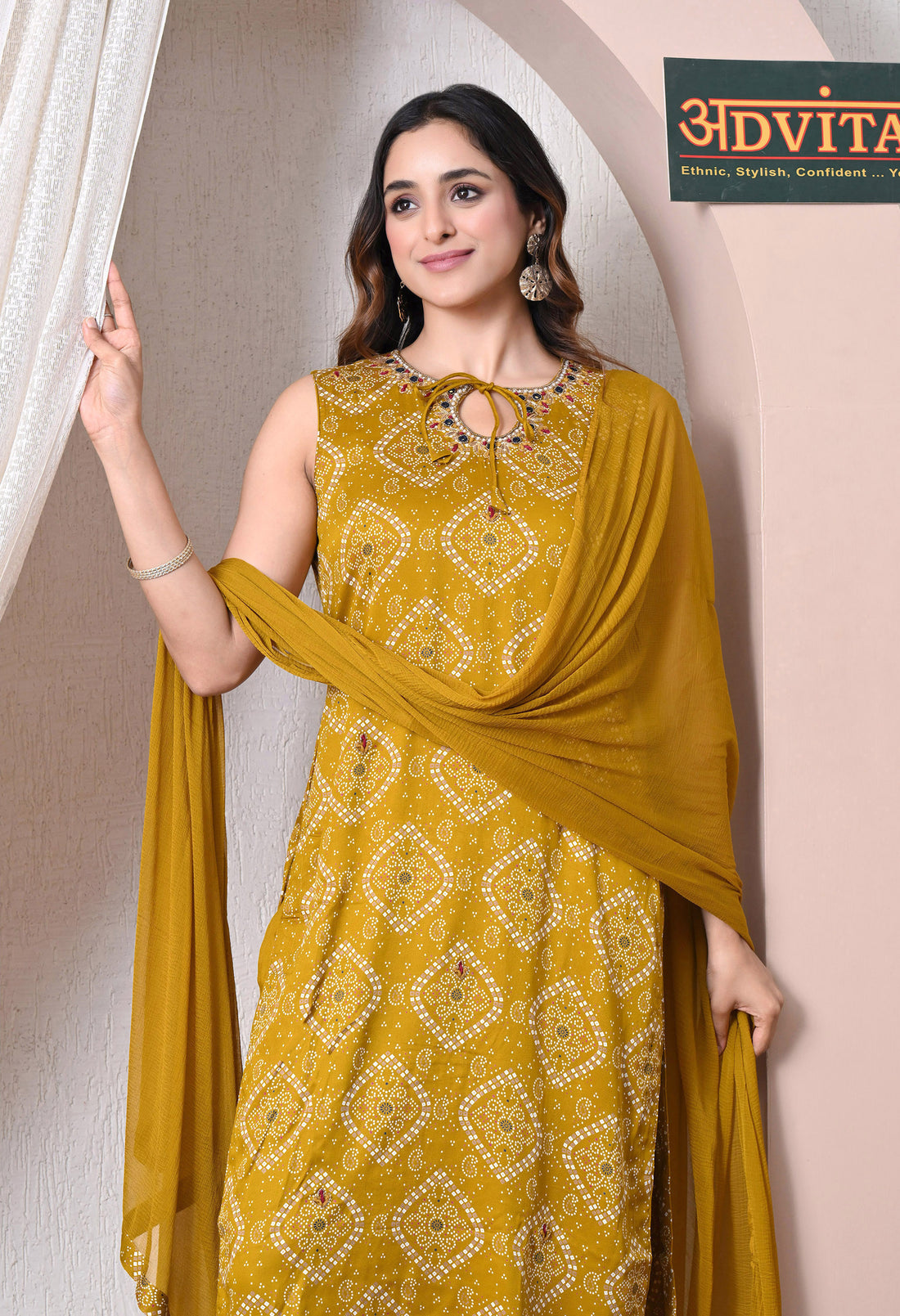 Advita Mustard Bandhani Print Gaji Silk 3-Piece Suit for women – view 2