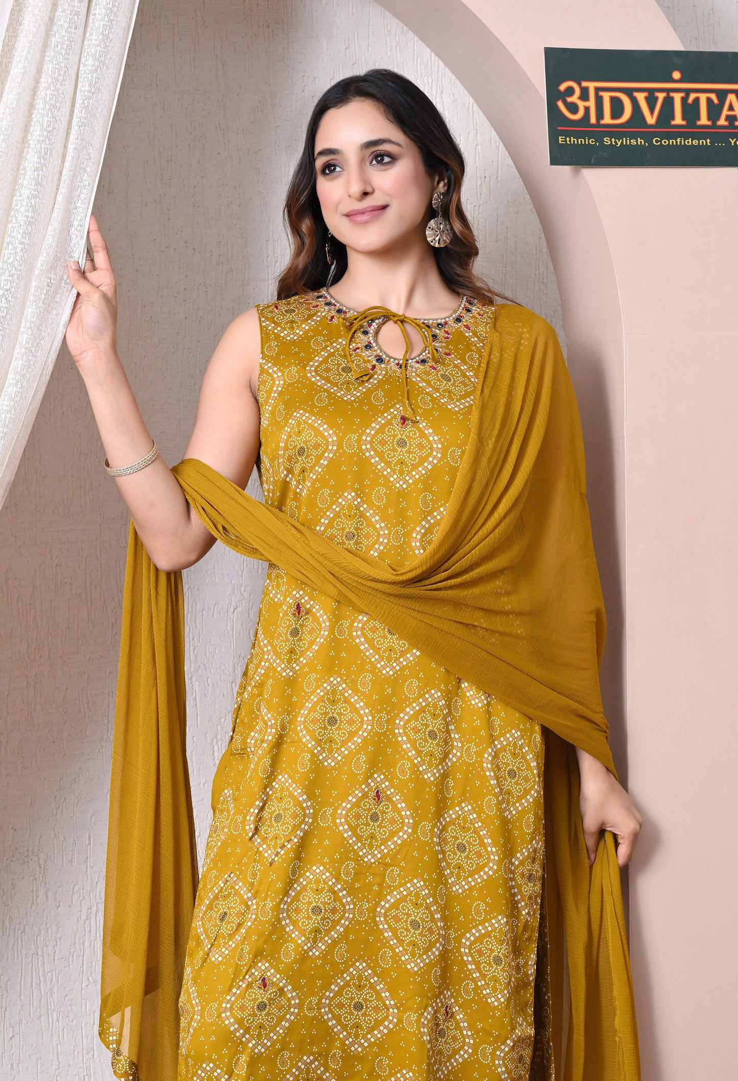 Advita Mustard Bandhani Print Gaji Silk 3-Piece Suit for women – view 2