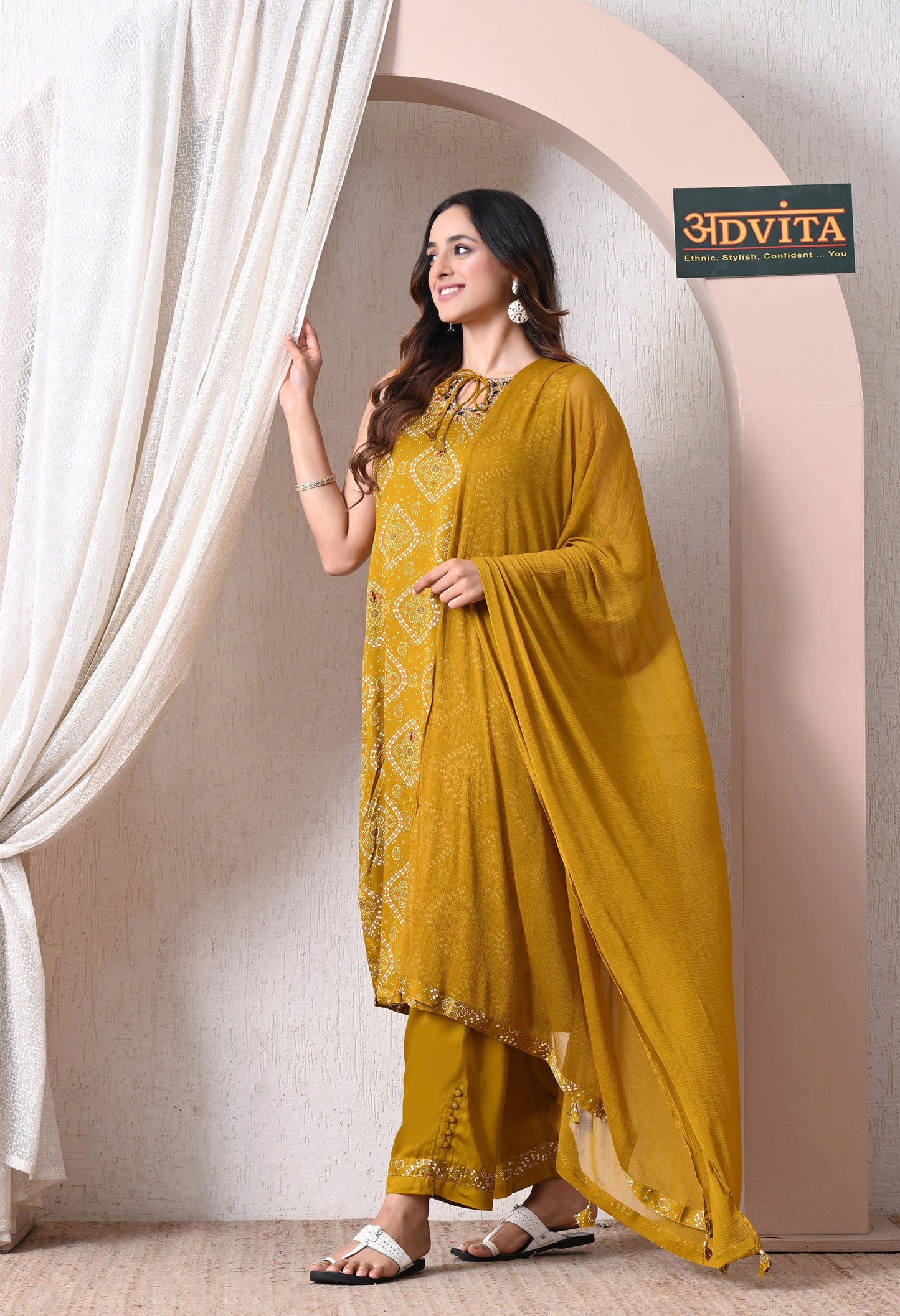Advita Mustard Bandhani Print Gaji Silk 3-Piece Suit for women – view 3