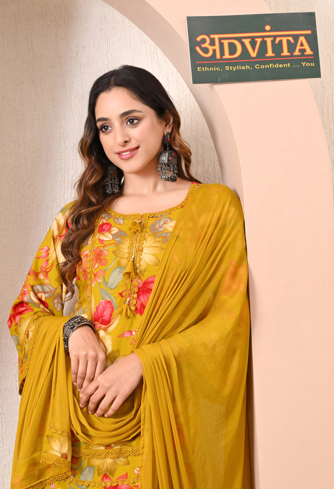 Advita Mustard Floral Print Rayon Cotton Farsi Salwar Suit for women – view 2