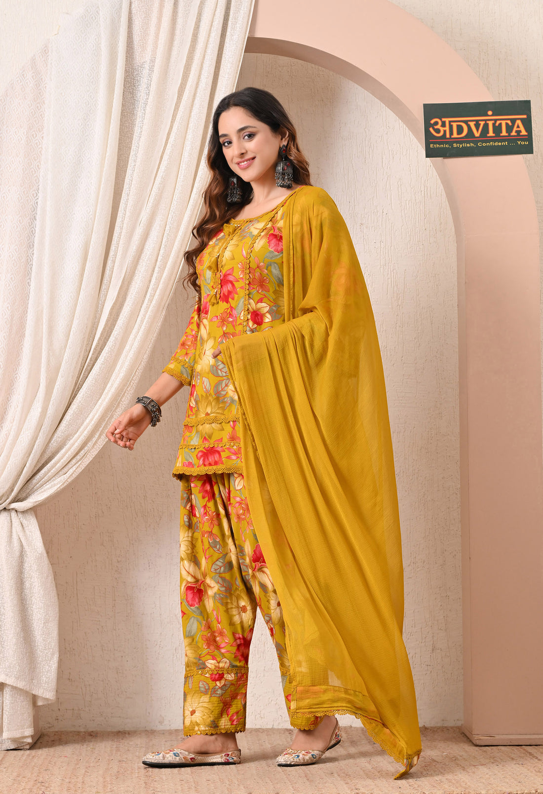 Advita Mustard Floral Print Rayon Cotton Farsi Salwar Suit for women – view 4
