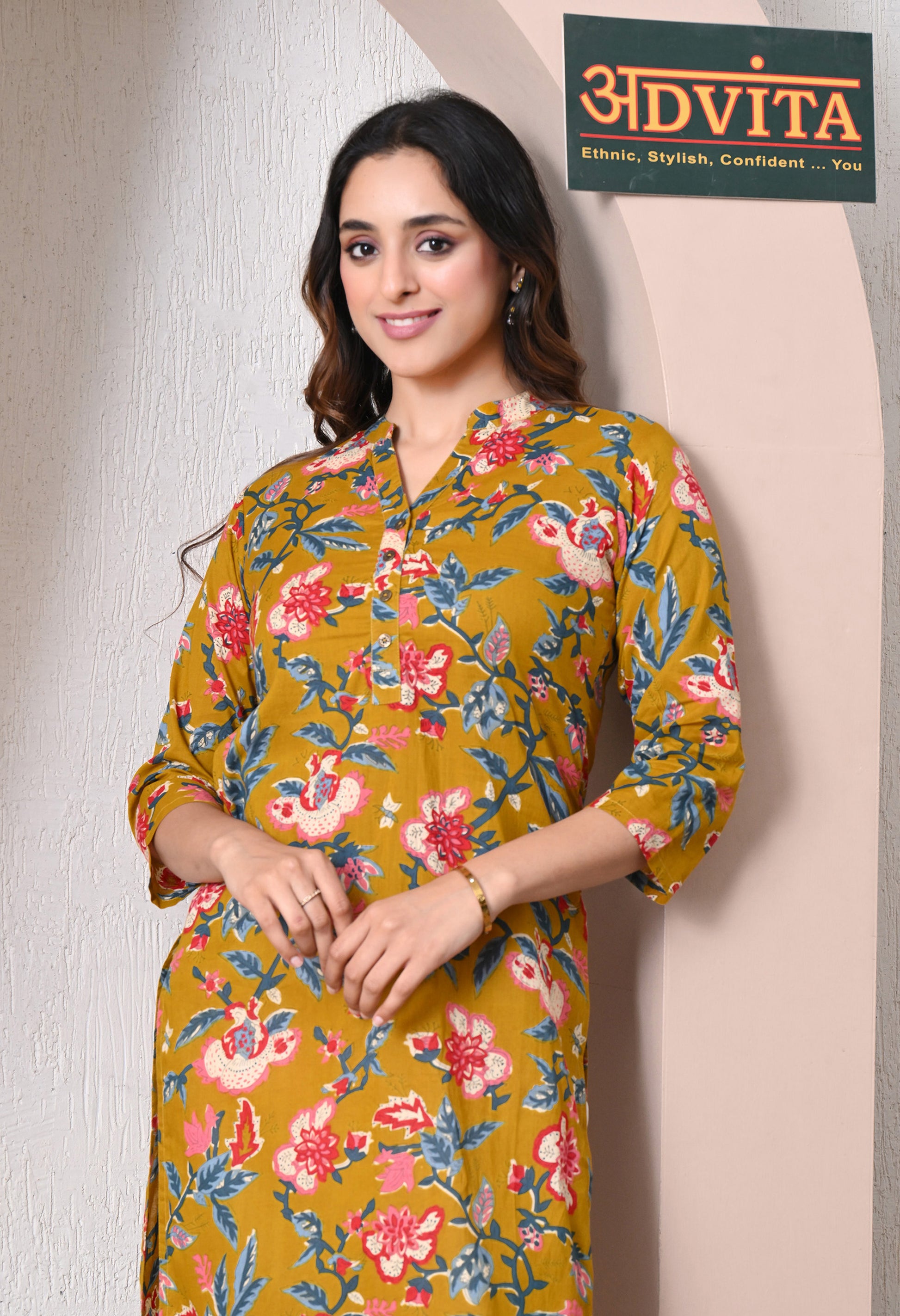 Advita Mustard Floral Print Cotton Kurti for women – view 2