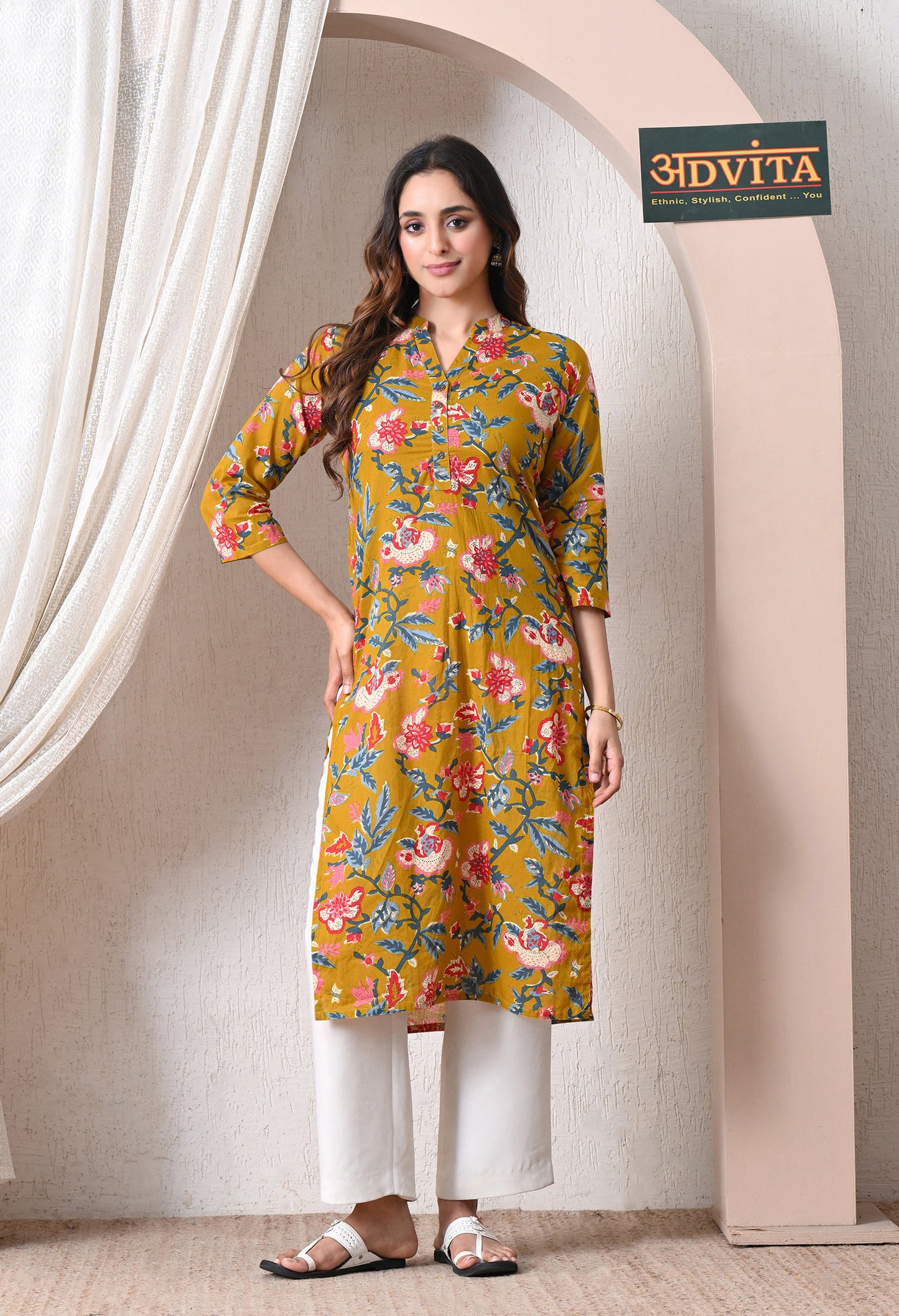 Advita Mustard Floral Print Cotton Kurti for women – view 3
