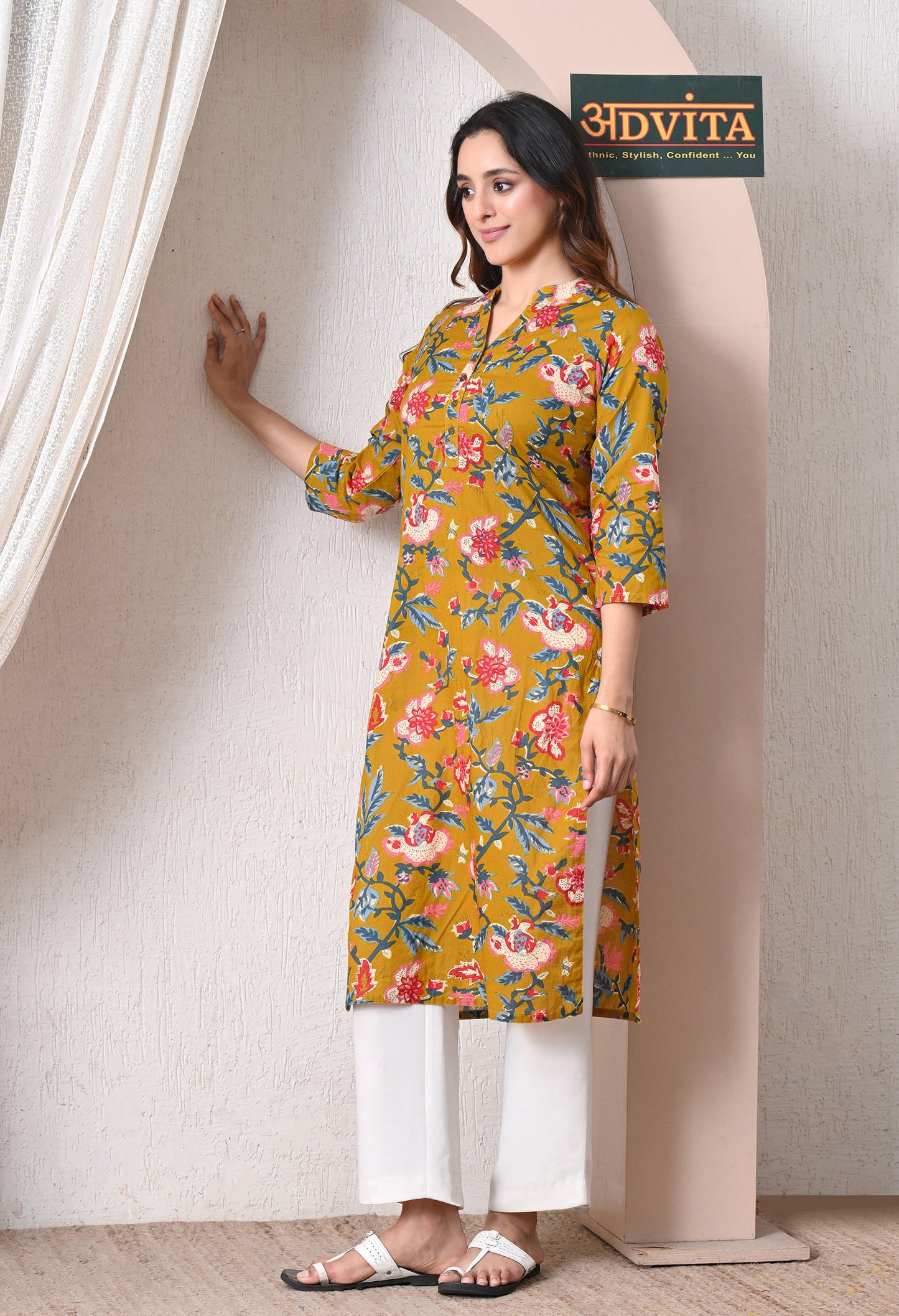 Advita Mustard Floral Print Cotton Kurti for women – view 4