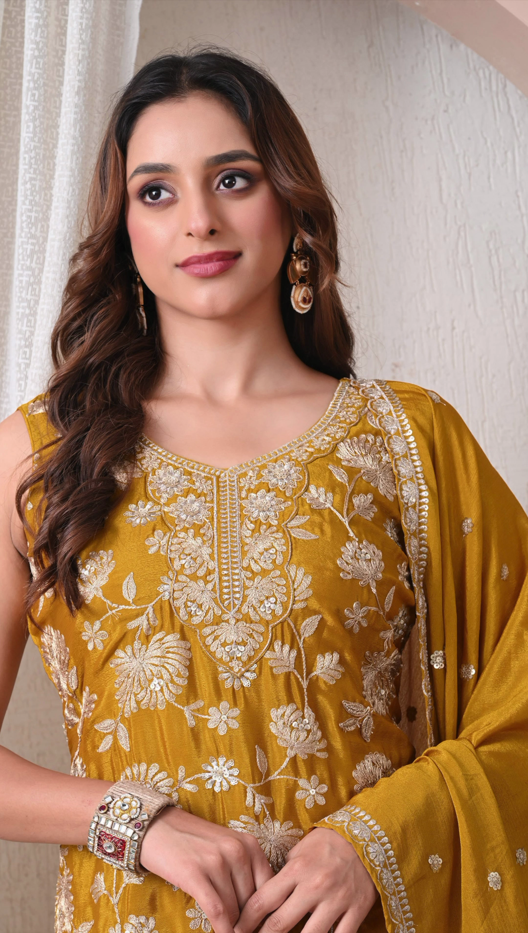 Advita Mustard Gold Chinon Embroidered Sharara for women – view 2