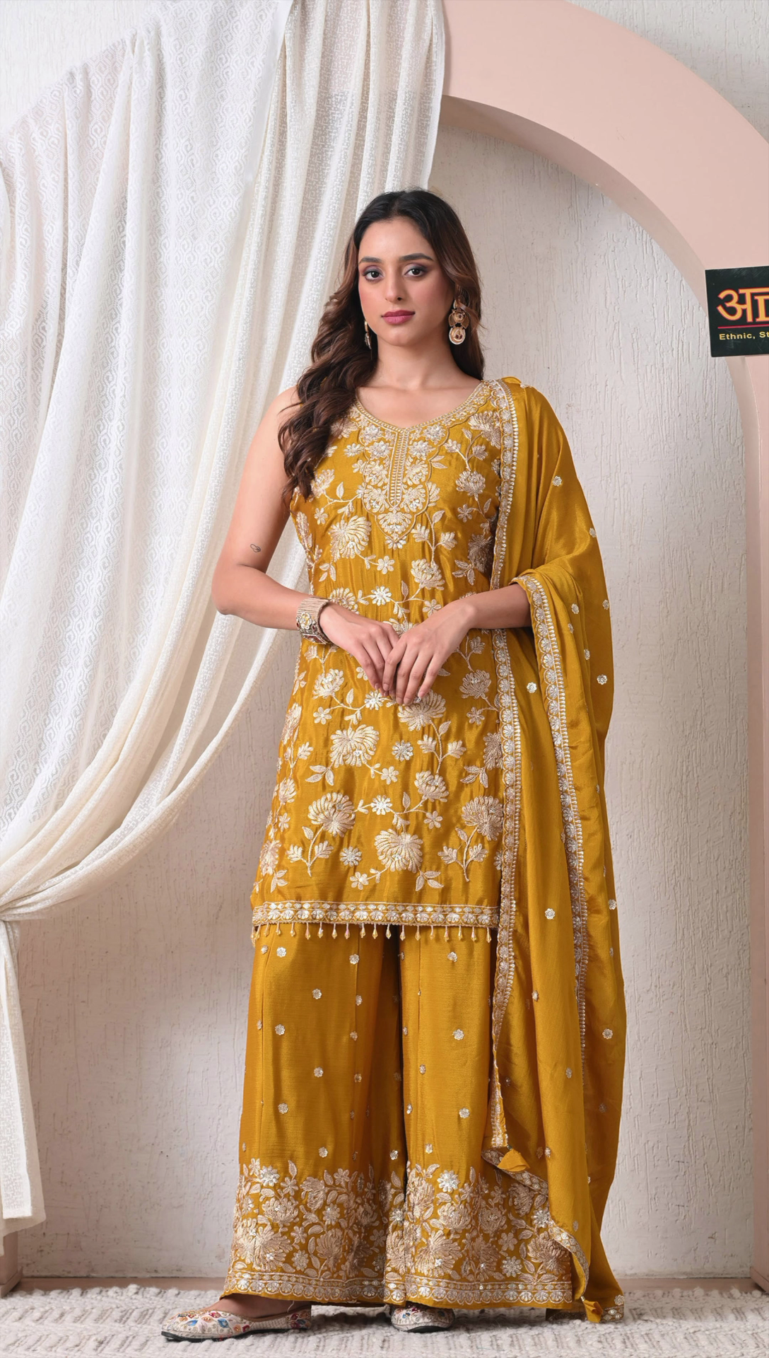 Woman wearing Advita Mustard Gold Chinon Embroidered Sharara