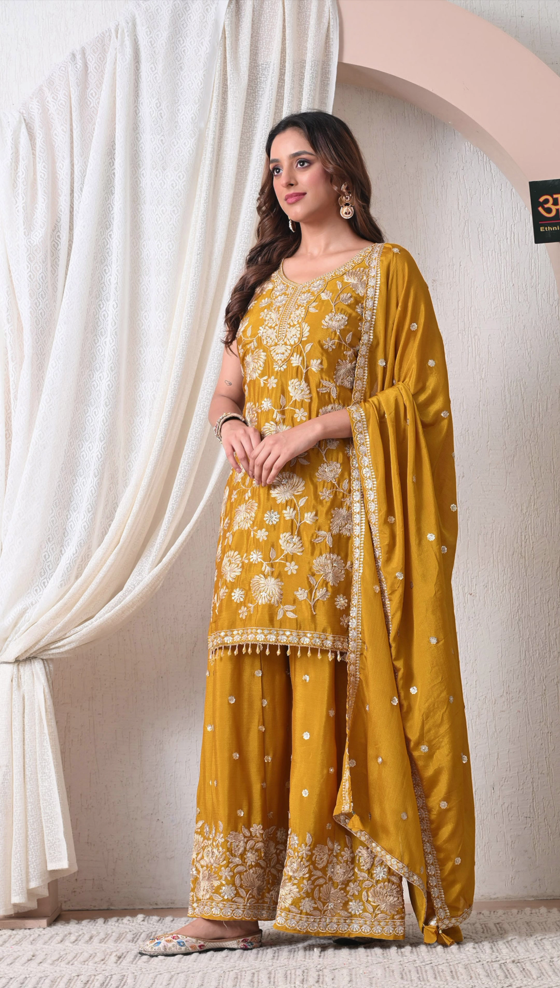 Advita Mustard Gold Chinon Embroidered Sharara for women – view 3