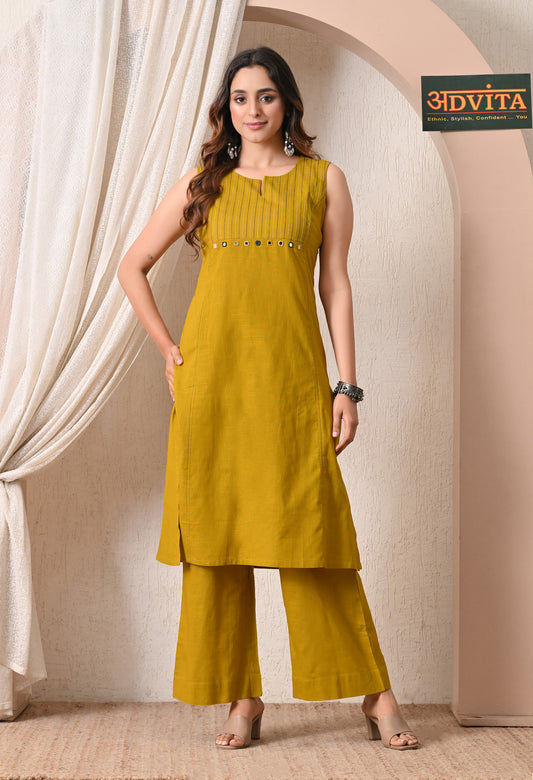 Advita Mustard Mirror Work Pure Cotton A-Line Kurta Set for Women