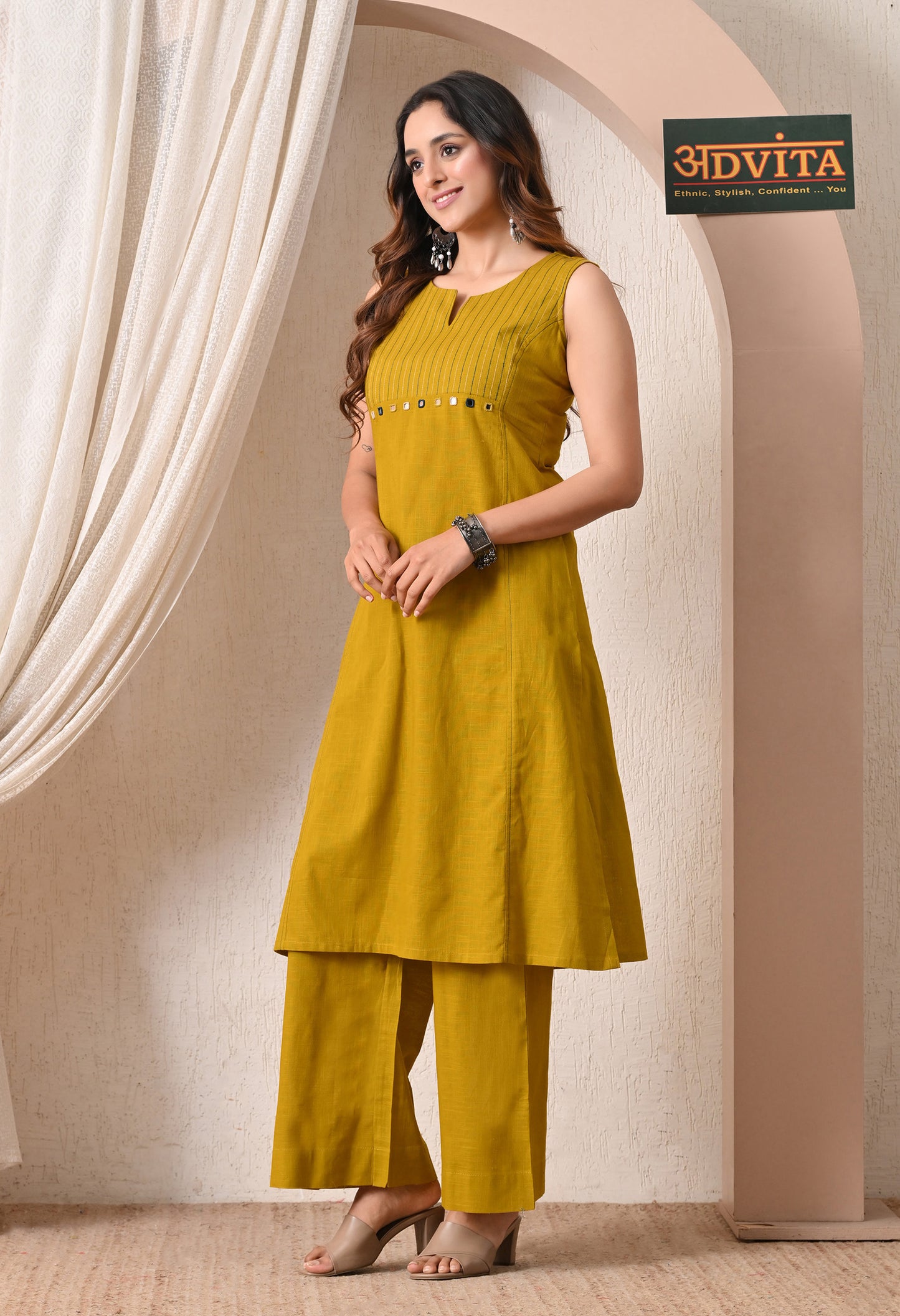 Advita Mustard Mirror Work Pure Cotton A-Line Kurta Set for Women